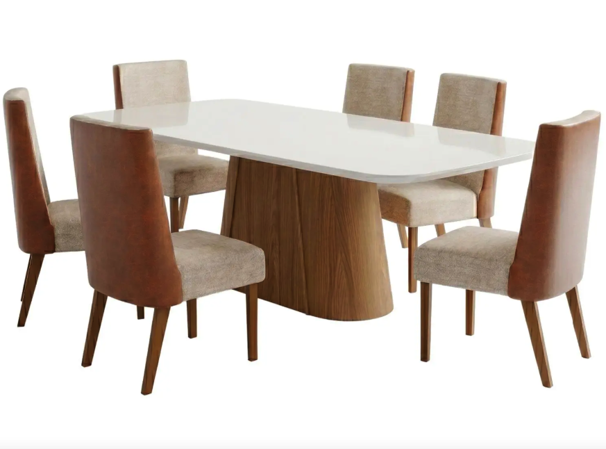 Mesa de Jantar 6 Cadeiras 6 Lugares Retangular Cinamomo Off White Caramelo e Creme Móveis Henn Olívia